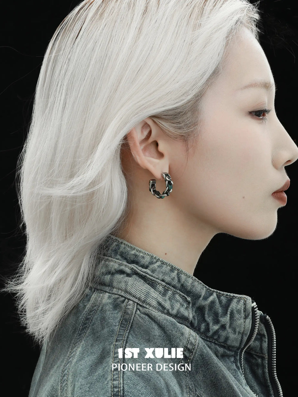 1ST XULIE "Snake Bite" Statement Leather Hoop Earrings in Platinum Plated Brass - Back View