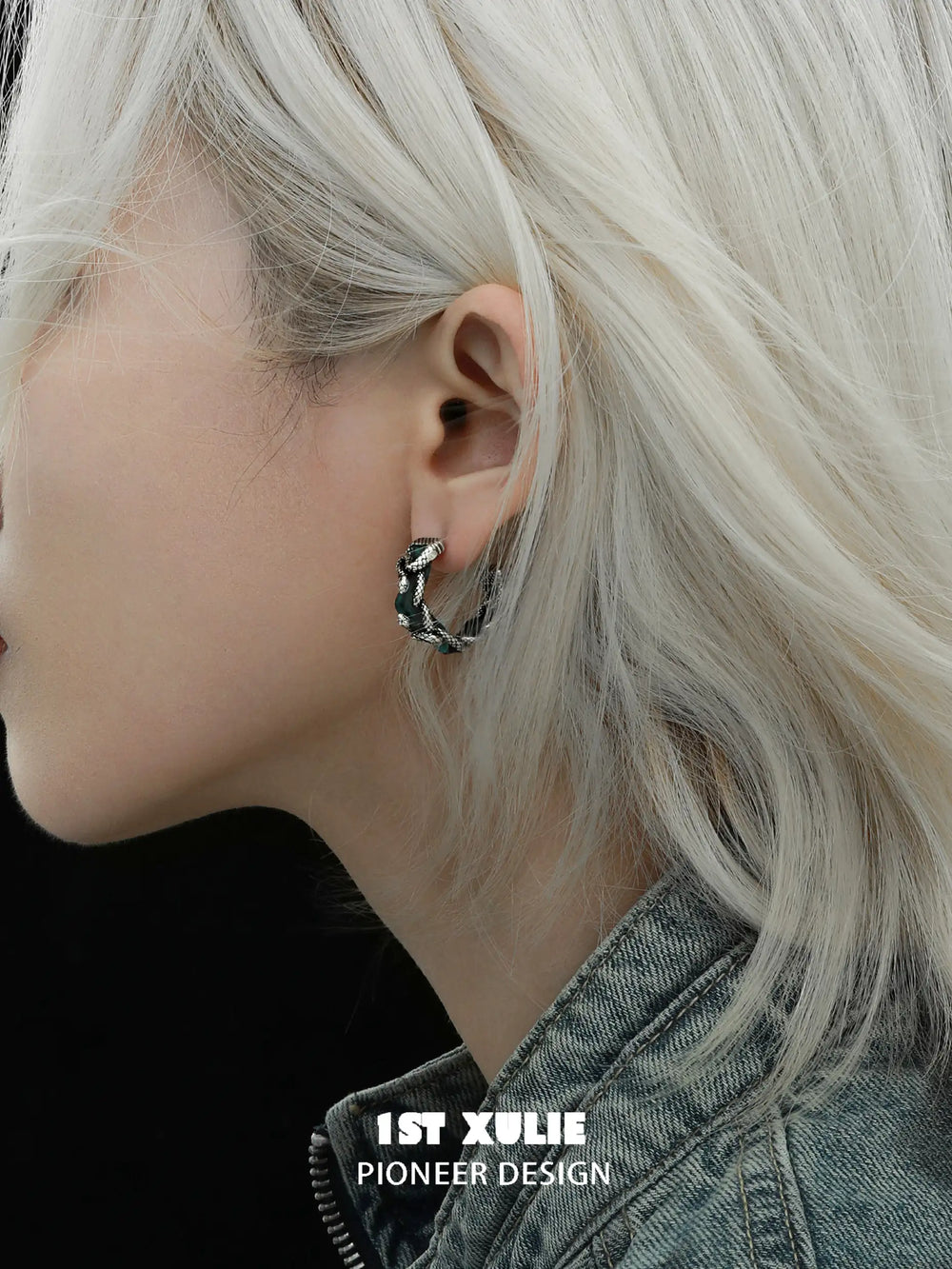 1ST XULIE "Snake Bite" Statement Leather Hoop Earrings in Platinum Plated Brass - Lifestyle Shot
