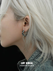 1ST XULIE "Snake Bite" Statement Leather Hoop Earrings in Platinum Plated Brass - Lifestyle Shot