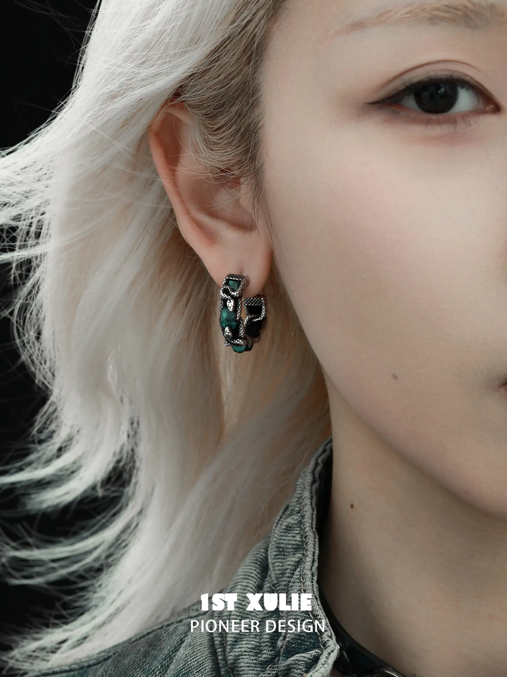 1ST XULIE "Snake Bite" Statement Leather Hoop Earrings in Platinum Plated Brass - Product View