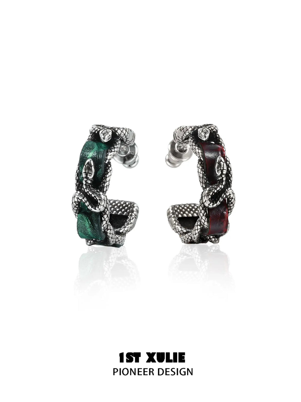 1ST XULIE "Snake Bite" Statement Leather Hoop Earrings in Platinum Plated Brass - On Model