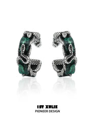 1ST XULIE "Snake Bite" Statement Leather Hoop Earrings in Platinum Plated Brass - On Model Close-Up