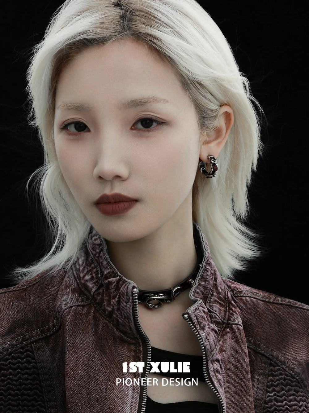 1ST XULIE "Snake Bite" Statement Leather Hoop Earrings in Platinum Plated Brass - Packaging View