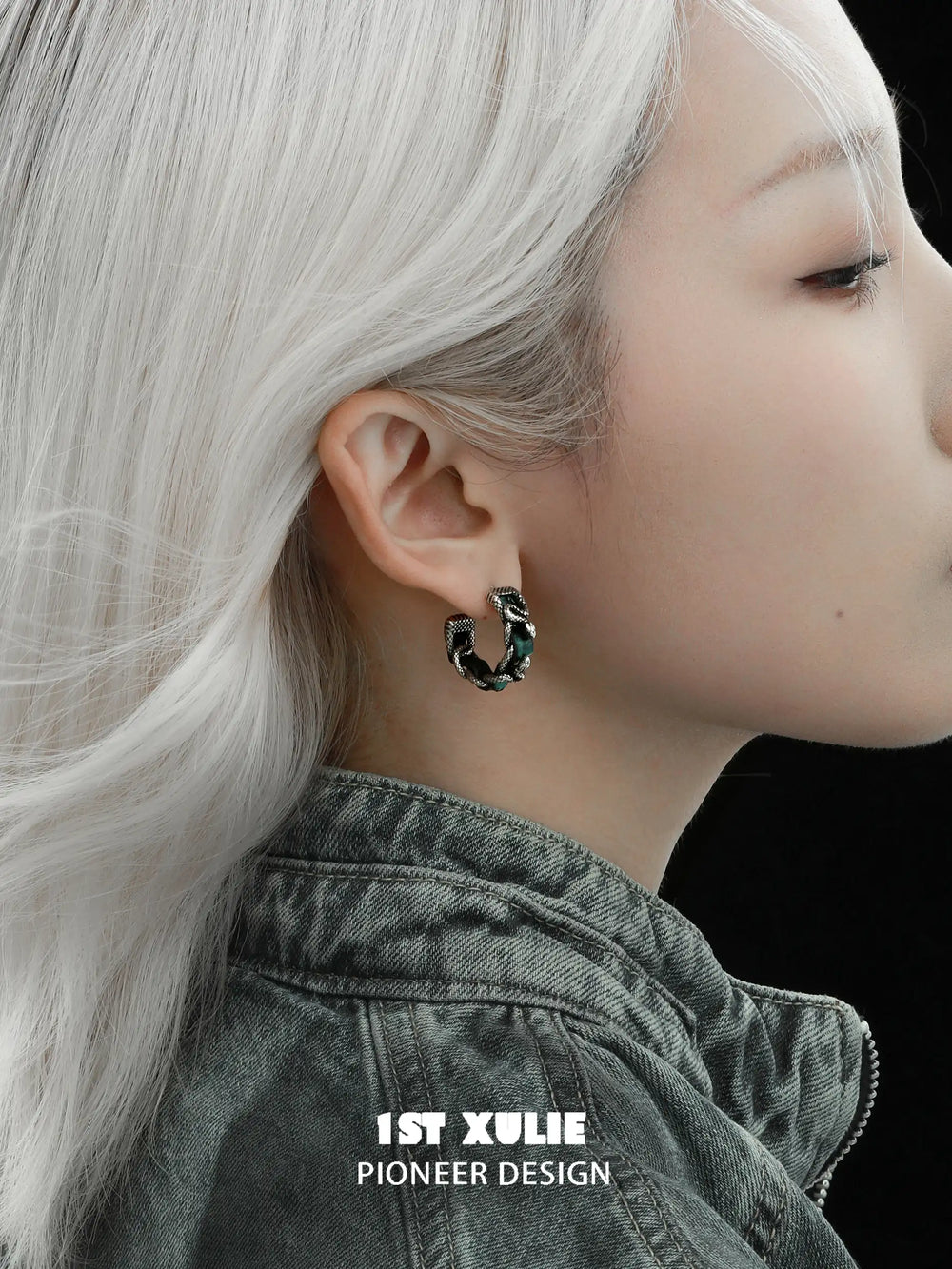 1ST XULIE "Snake Bite" Statement Leather Hoop Earrings in Platinum Plated Brass - Alternative Product View