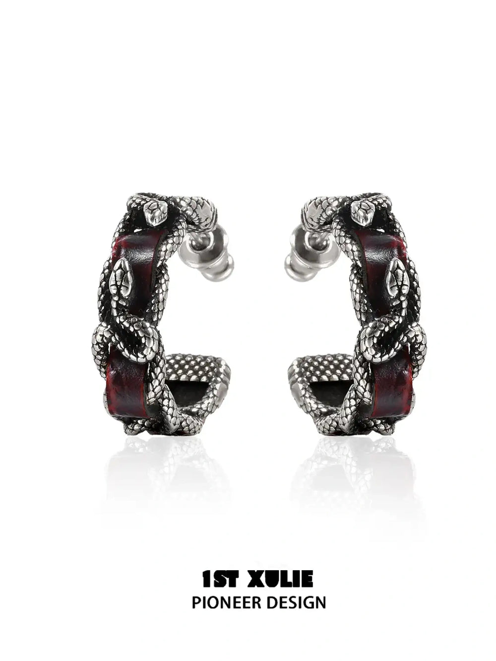 1ST XULIE "Snake Bite" Statement Leather Hoop Earrings in Platinum Plated Brass - Side View