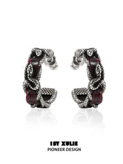 1ST XULIE "Snake Bite" Statement Leather Hoop Earrings in Platinum Plated Brass - Side View