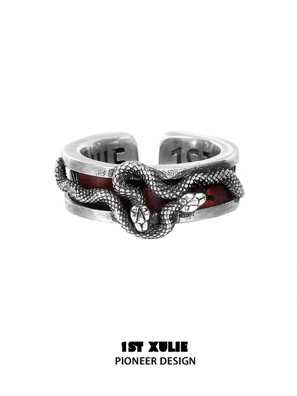 1ST XULIE "Snake Bite" Leather Inlay Open Ring in 925 Sterling Silver - Detail Shot