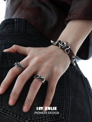 1ST XULIE "Snake Bite" Leather Inlay Open Ring in 925 Sterling Silver - Lifestyle Shot