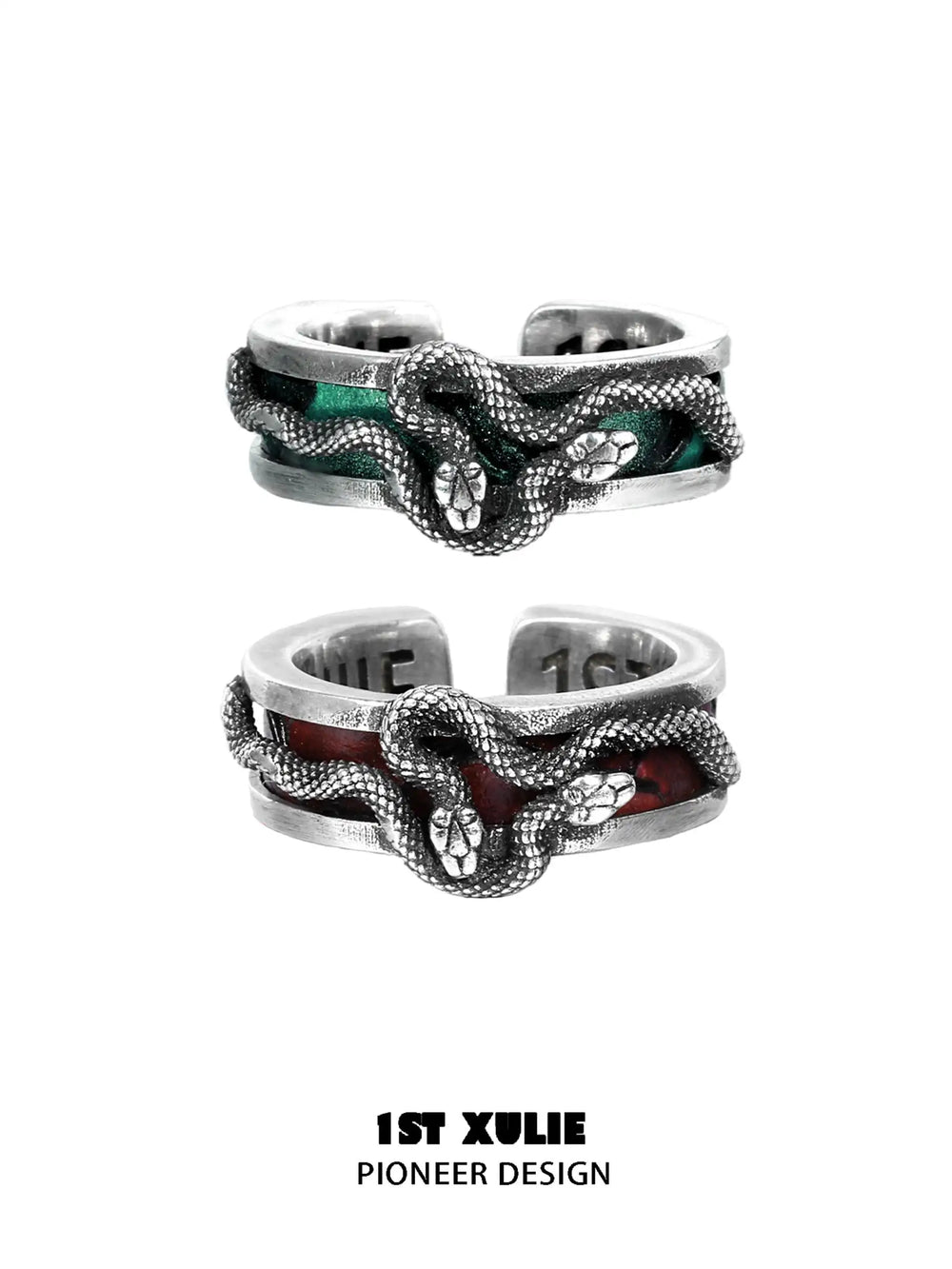 1ST XULIE "Snake Bite" Leather Inlay Open Ring in 925 Sterling Silver - Product View