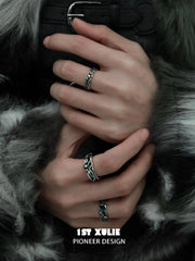 1ST XULIE "Snake Bite" Leather Inlay Open Ring in 925 Sterling Silver - On Model