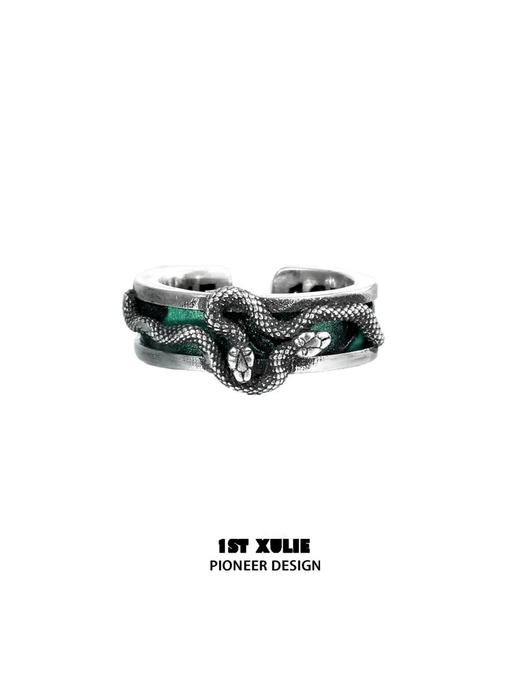 1ST XULIE "Snake Bite" Leather Inlay Open Ring in 925 Sterling Silver - On Model Close-up