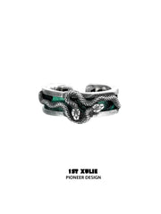 1ST XULIE "Snake Bite" Leather Inlay Open Ring in 925 Sterling Silver - On Model Close-up