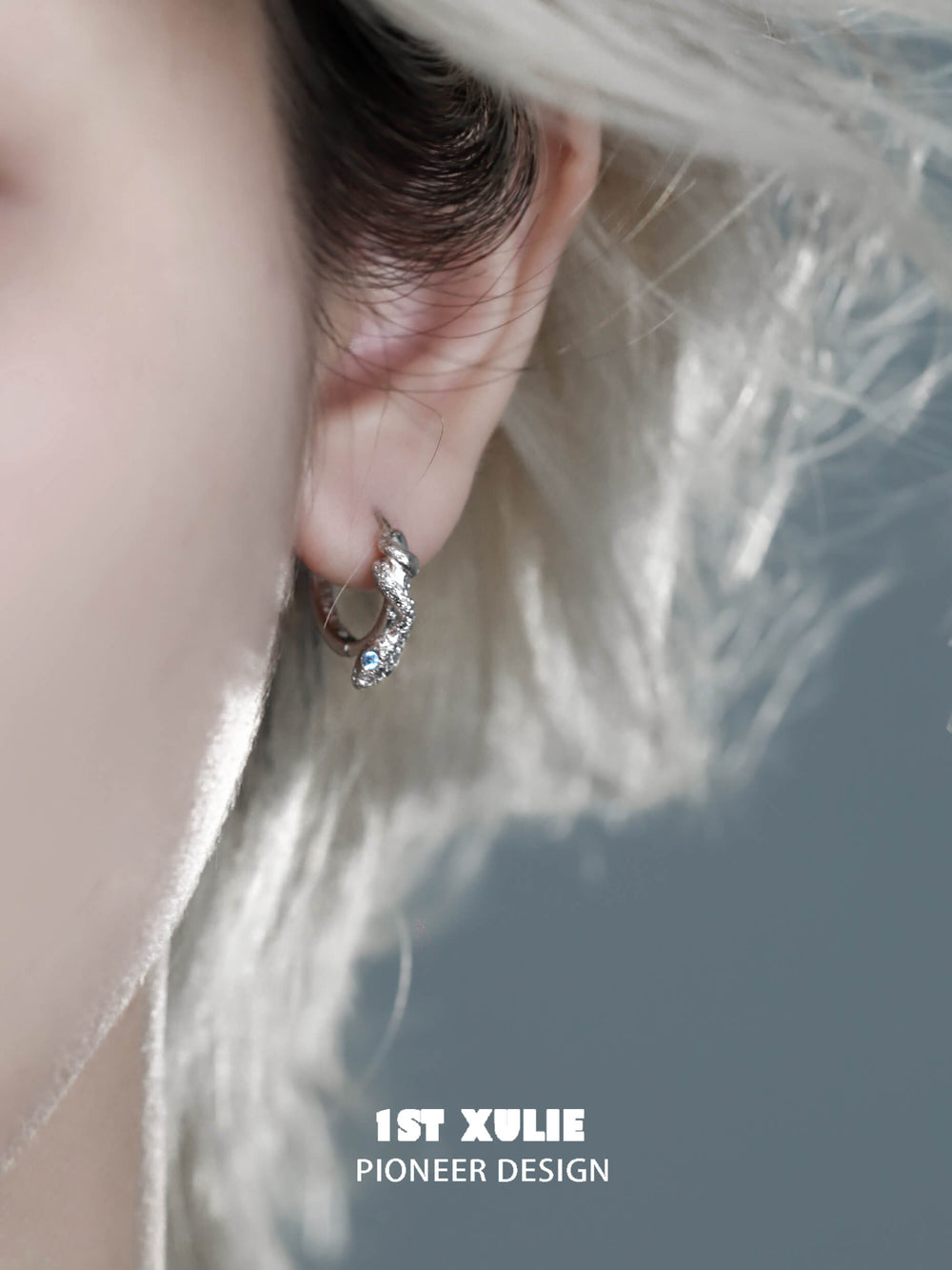 1ST XULIE "Frozen Serpent" Zirconia Statement Snake Huggie Earrings in 925 Sterling Silver - Angled Product View