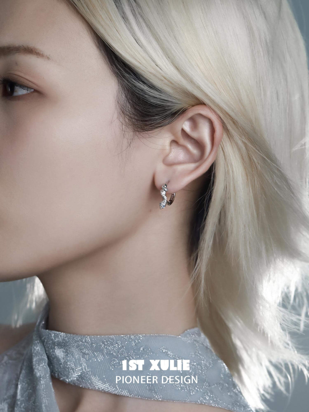1ST XULIE "Frozen Serpent" Zirconia Statement Snake Huggie Earrings in 925 Sterling Silver - Detail Shot