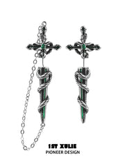 1ST XULIE "Snake Bite" Statement Sword Chain Dangle Earrings in Platinum Plate - Angle View