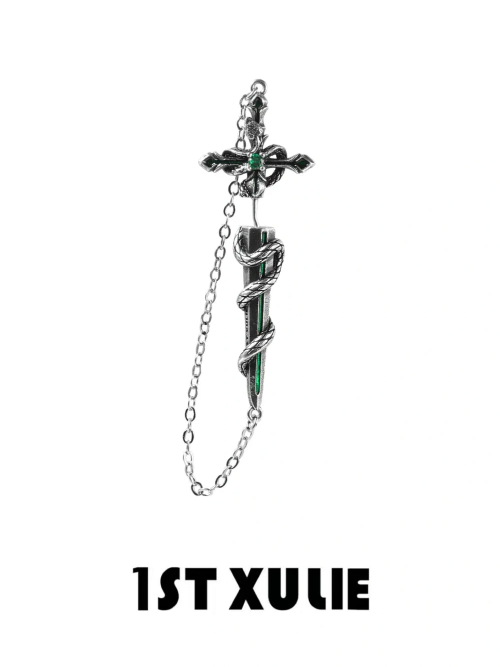 1ST XULIE "Snake Bite" Statement Sword Chain Dangle Earrings in Platinum Plate - On Model Close Up