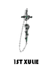 1ST XULIE "Snake Bite" Statement Sword Chain Dangle Earrings in Platinum Plate - On Model Close Up