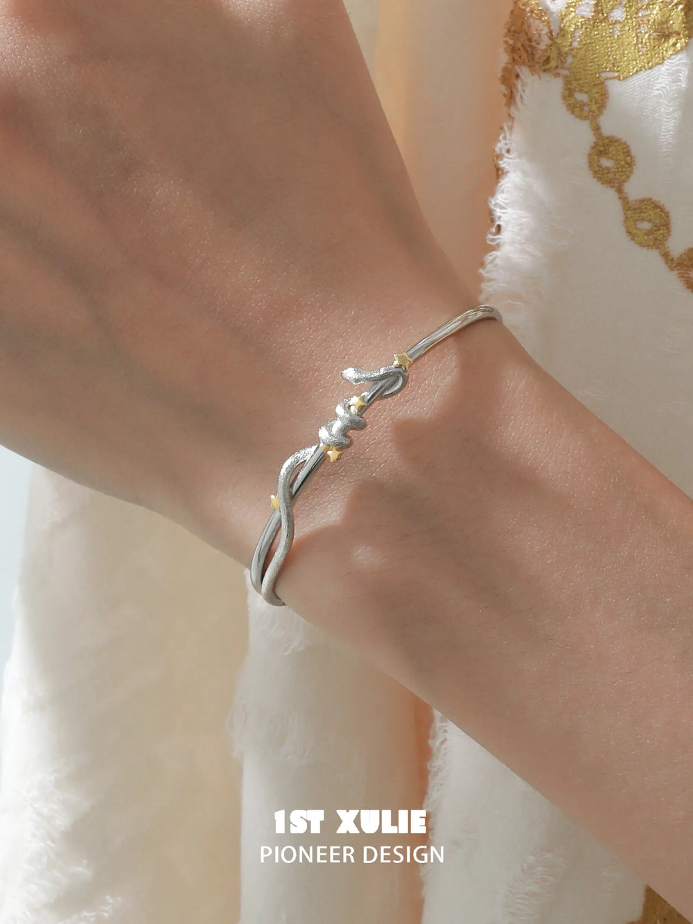 1ST XULIE "Starry Sky Snake" Snake Wrap Cuff Bangle in Platinum Plated - On Model Detail Shot