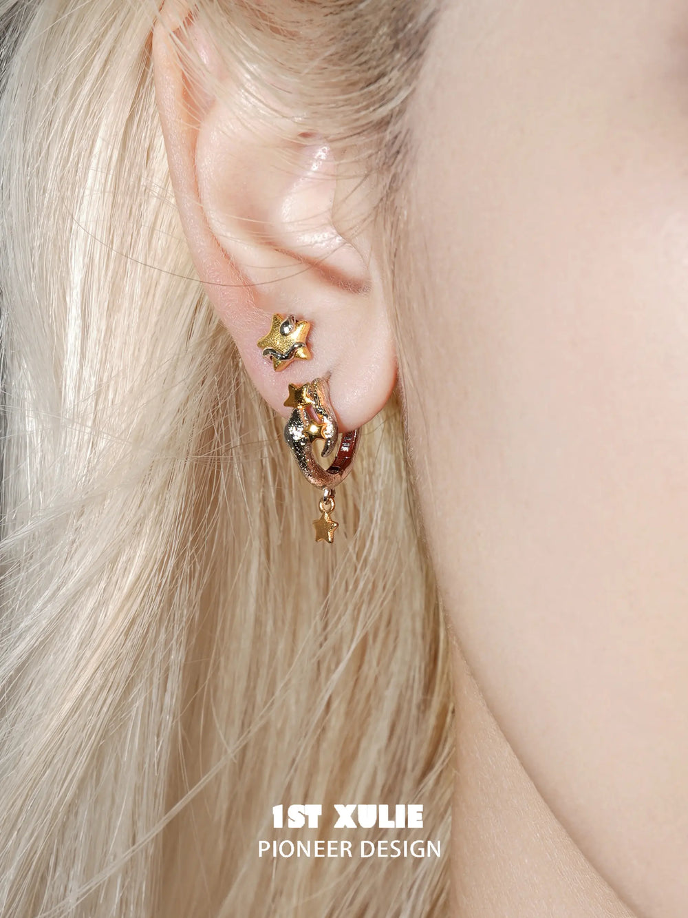 1ST XULIE "Starry Sky Snake" Dainty Celestial Snake Wrap Star Stud Earrings in 925 Sterling Silver - Detail Shot