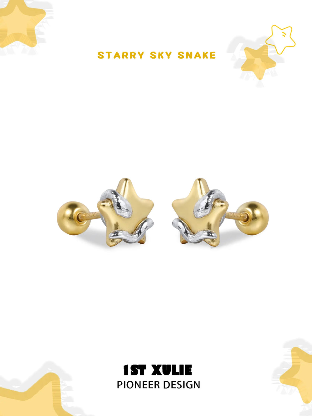 1ST XULIE "Starry Sky Snake" Dainty Celestial Snake Wrap Star Stud Earrings in 925 Sterling Silver - Product View