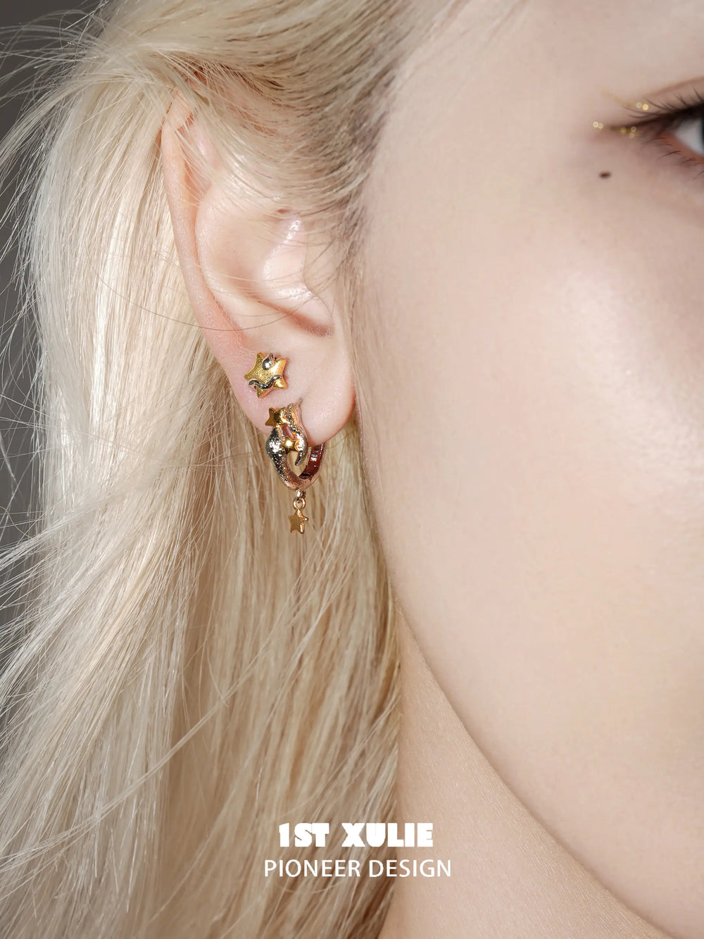 1ST XULIE "Starry Sky Snake" Dainty Celestial Snake Wrap Star Stud Earrings in 925 Sterling Silver - On Model Angle View