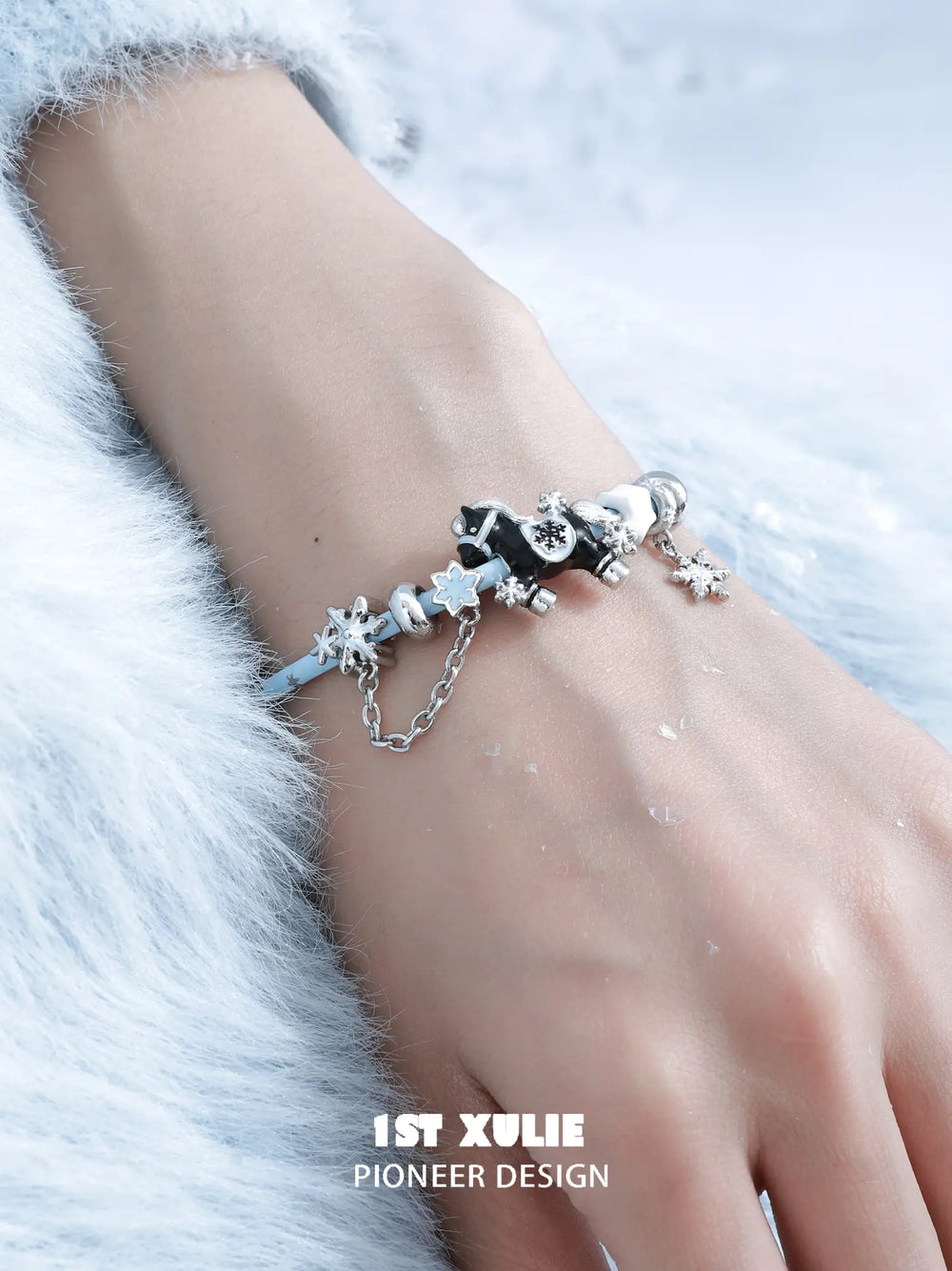 1ST XULIE Jewelry "Snowy Cuties" Snow Kitten & Pony Enamel Bracelet in Platinum Plated Brass - Angle 1