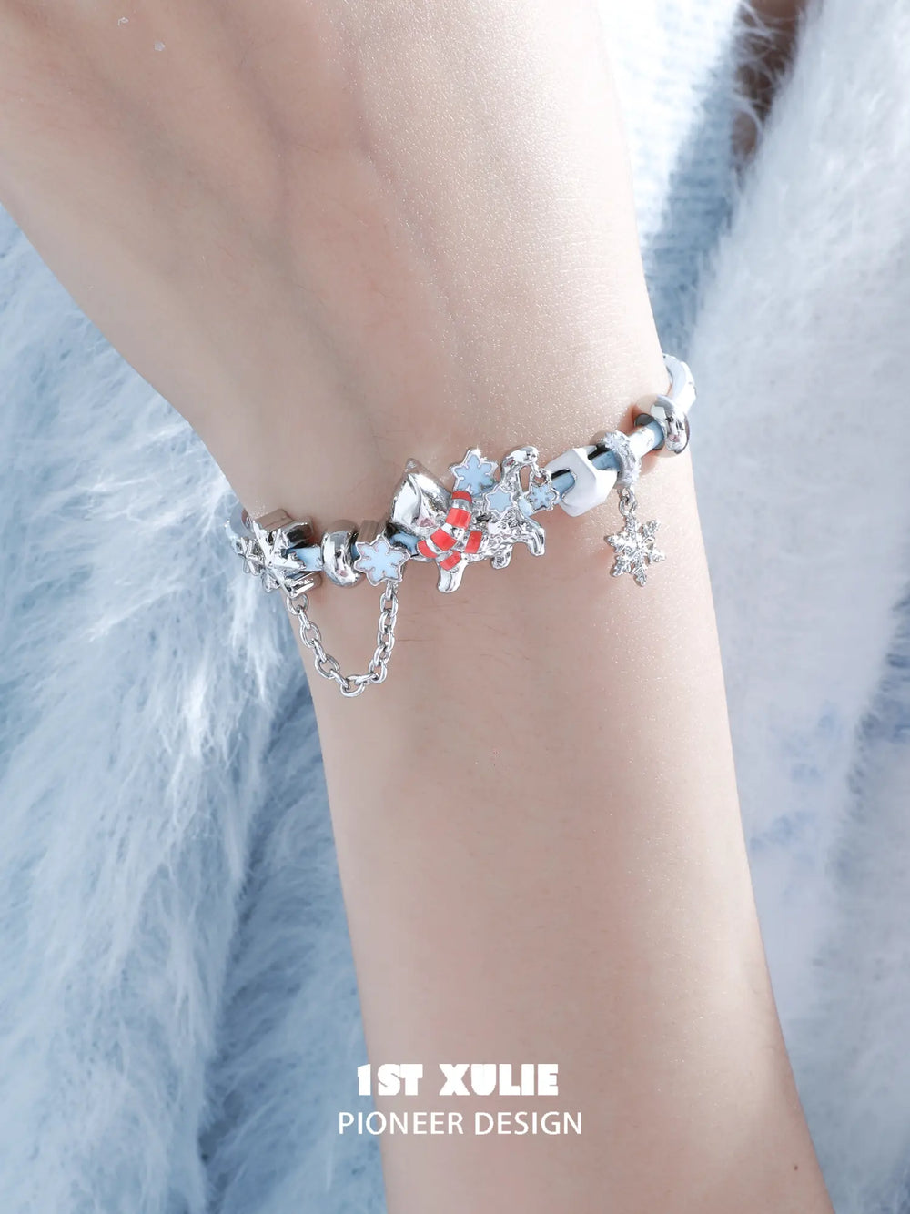1ST XULIE Jewelry "Snowy Cuties" Snow Kitten & Pony Enamel Bracelet in Platinum Plated Brass - Angle 2