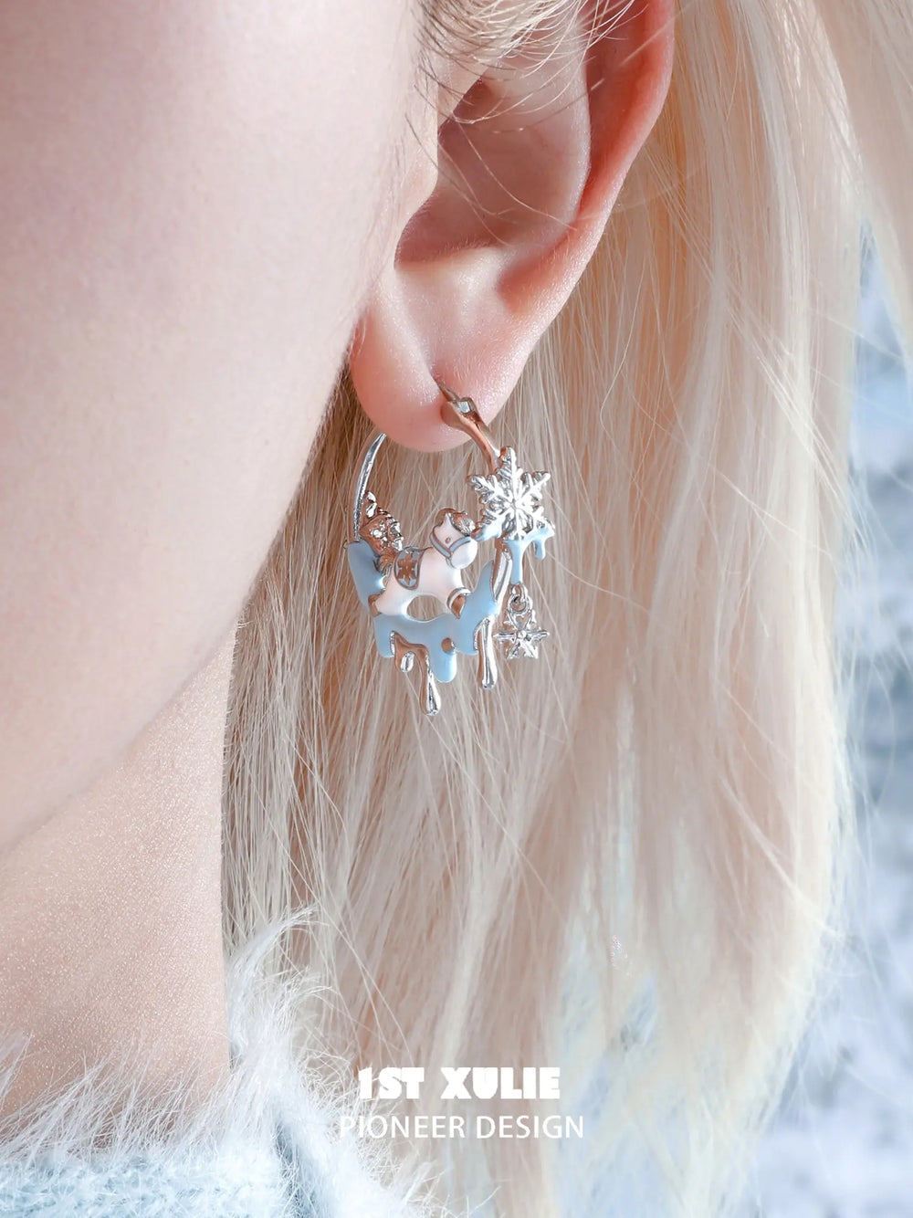 1ST XULIE Jewelry "Snowy Cuties" Snow Pony Hoop Earrings in Platinum Plated - On Model