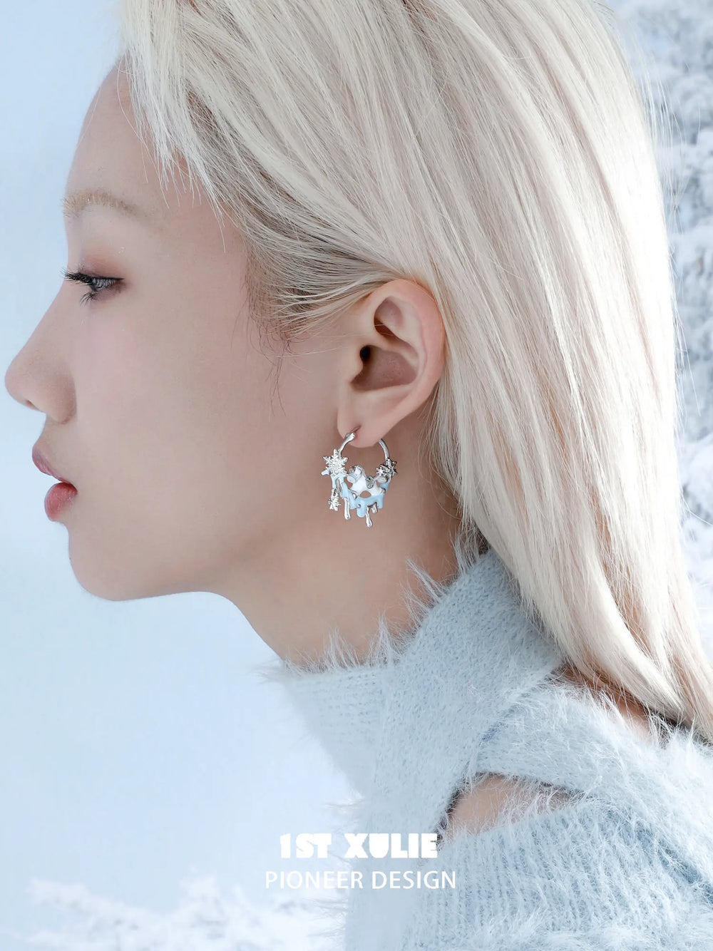 1ST XULIE Jewelry "Snowy Cuties" White Pony Hoop Earring in Platinum Plated - Detail Shot