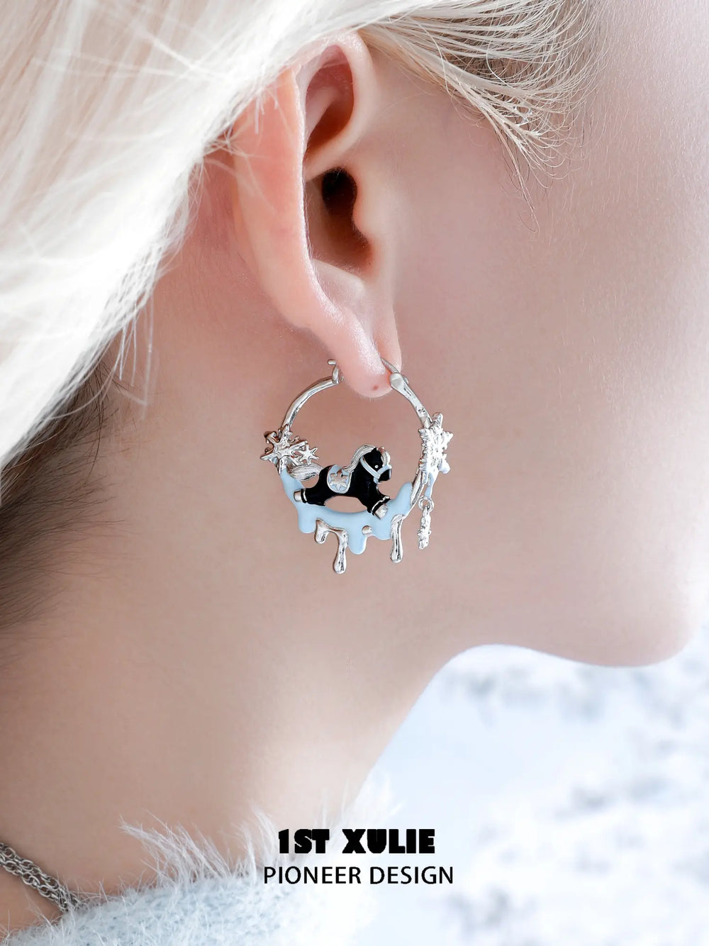 1ST XULIE Jewelry "Snowy Cuties" White Pony Hoop Earring in Platinum Plated - Side View