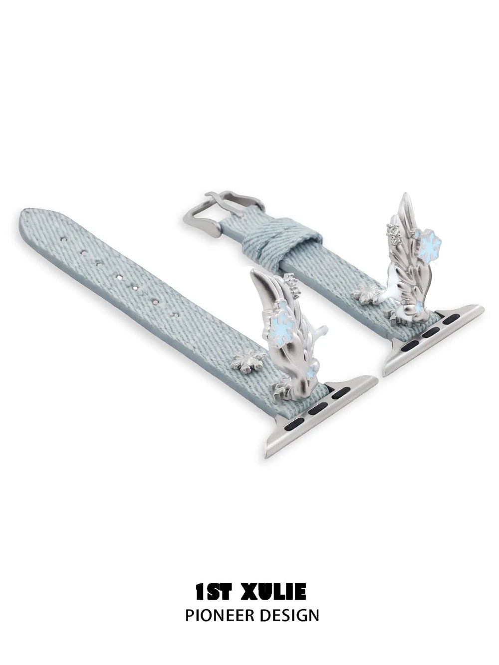 1ST XULIE "Snow Land" Snowflake Angel Wing Watch Band in Platinum Plated & Denim - Clasp Detail
