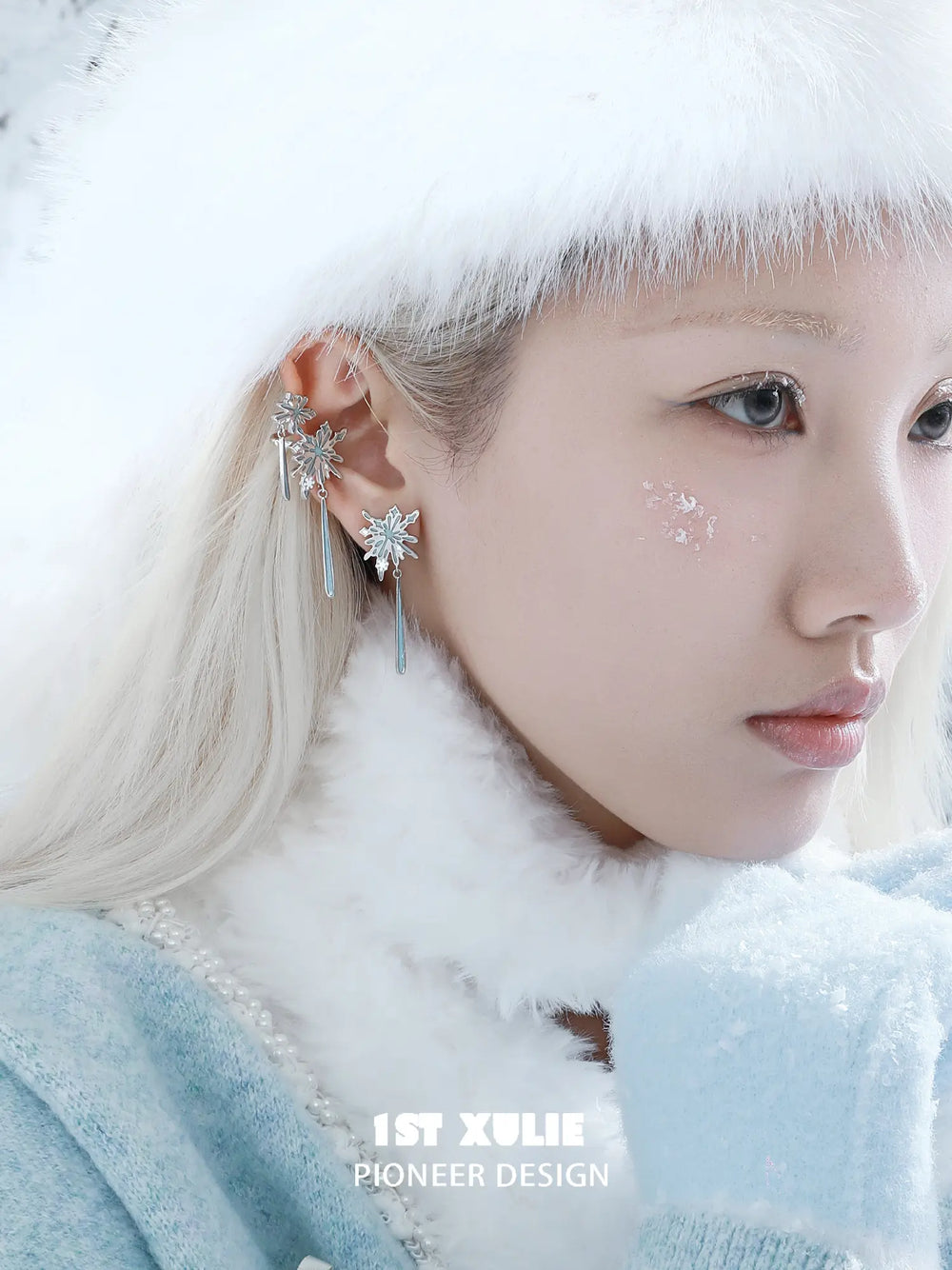 1ST XULIE Jewelry "Snow Land" Platinum Plated Snowflake Asymmetrical Ear Cuffs in Platinum - Detail Shot