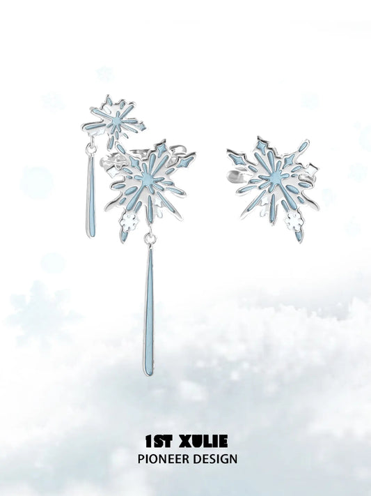 1ST XULIE Jewelry "Snow Land" Platinum Plated Snowflake Asymmetrical Ear Cuffs in Platinum - On Model