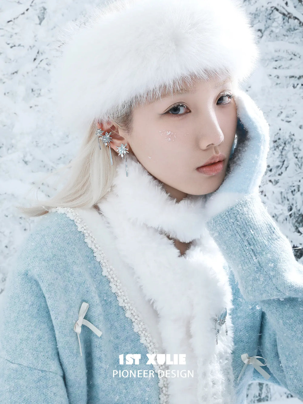 1ST XULIE Jewelry "Snow Land" Snowflake Asymmetrical Stud Earrings in Platinum Plated - On Model Close Up