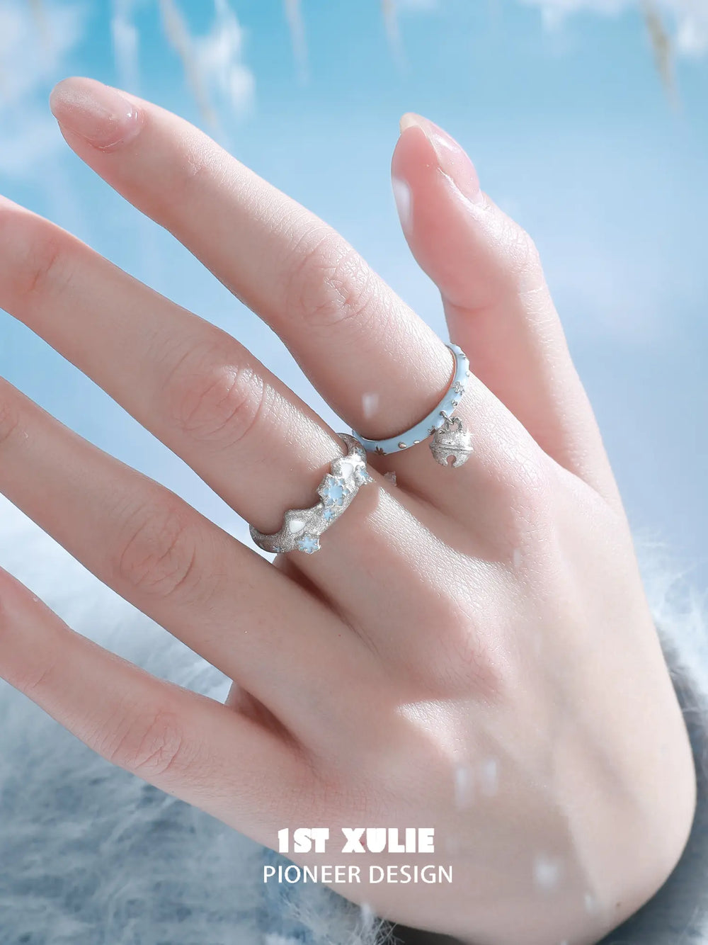 1ST XULIE Jewelry "Snow Land" Snowflake Cat Bell Adjustable Ring in 925 Sterling Silver - Angle 2