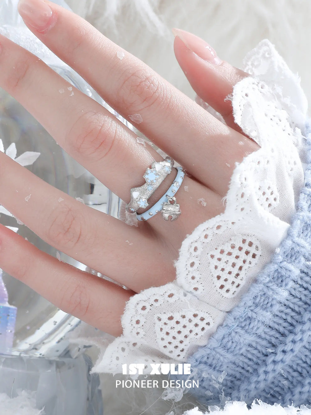 1ST XULIE Jewelry "Snow Land" Snowflake Cat Bell Adjustable Ring in 925 Sterling Silver - Detail Shot