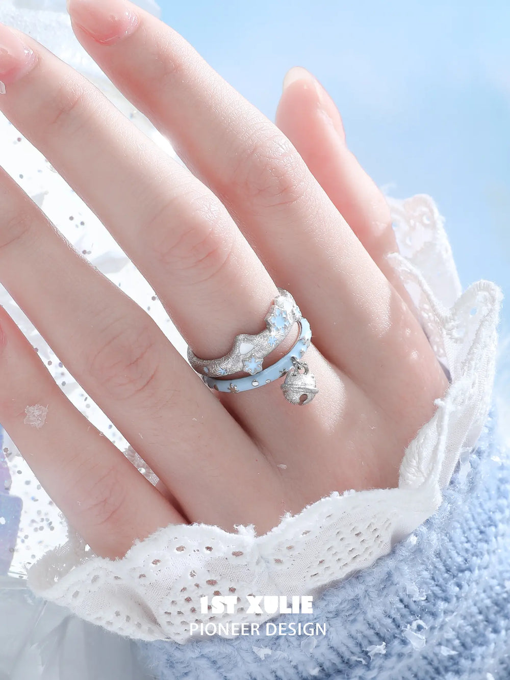 1ST XULIE Jewelry "Snow Land" Snowflake Cat Bell Adjustable Ring in 925 Sterling Silver - Side View