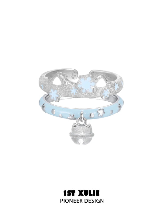 1ST XULIE Jewelry "Snow Land" Snowflake Cat Bell Adjustable Ring in 925 Sterling Silver - Texture