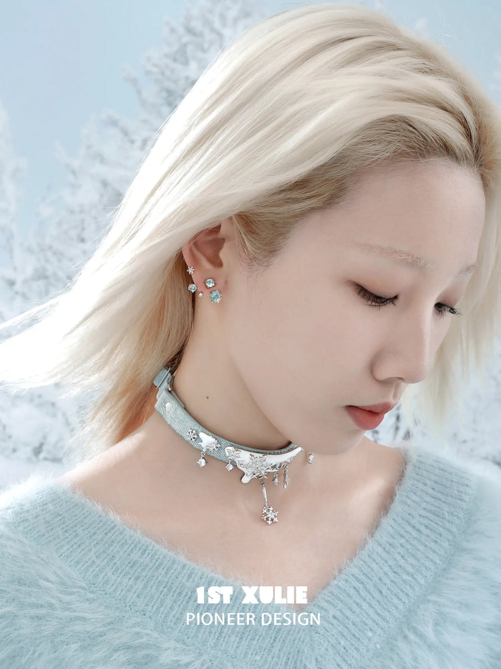 1ST XULIE "Snow Land" Snowflake Convertible Choker in Microfiber and Platinum - On Model as Choker
