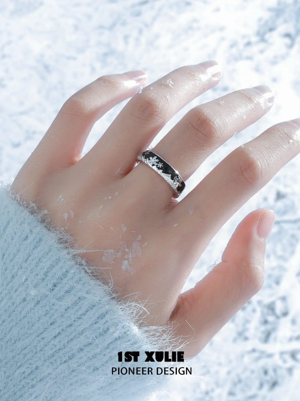 1ST XULIE Jewelry "Snow Land" Snowflake Enamel Ring in 925 Sterling Silver - On Model