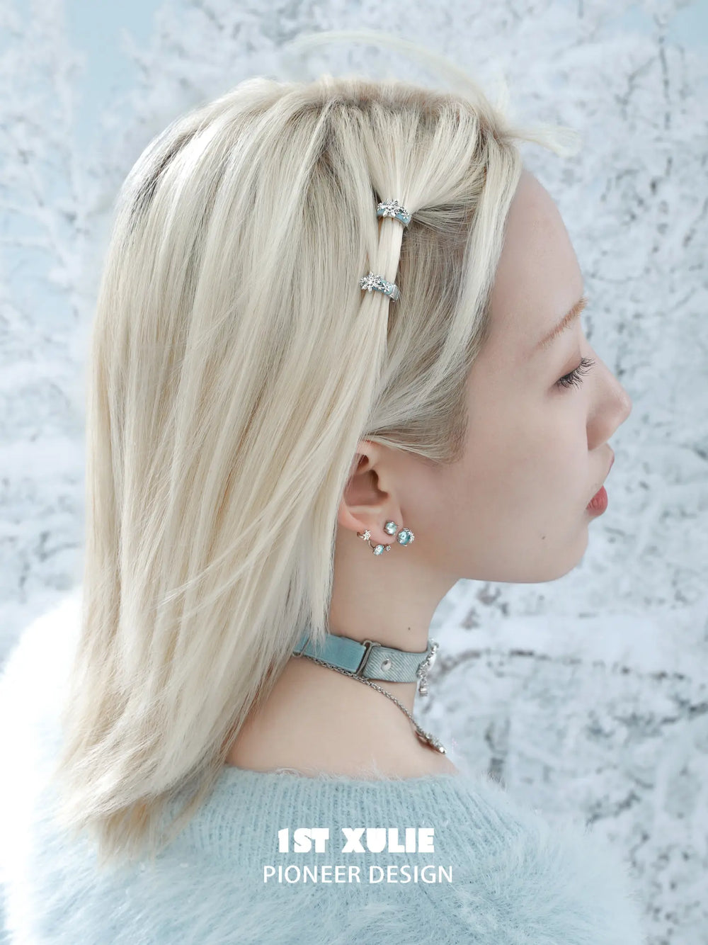 1ST XULIE "Snow Land" Snowflake Hair Cuffs in Platinum Plated - Angled View