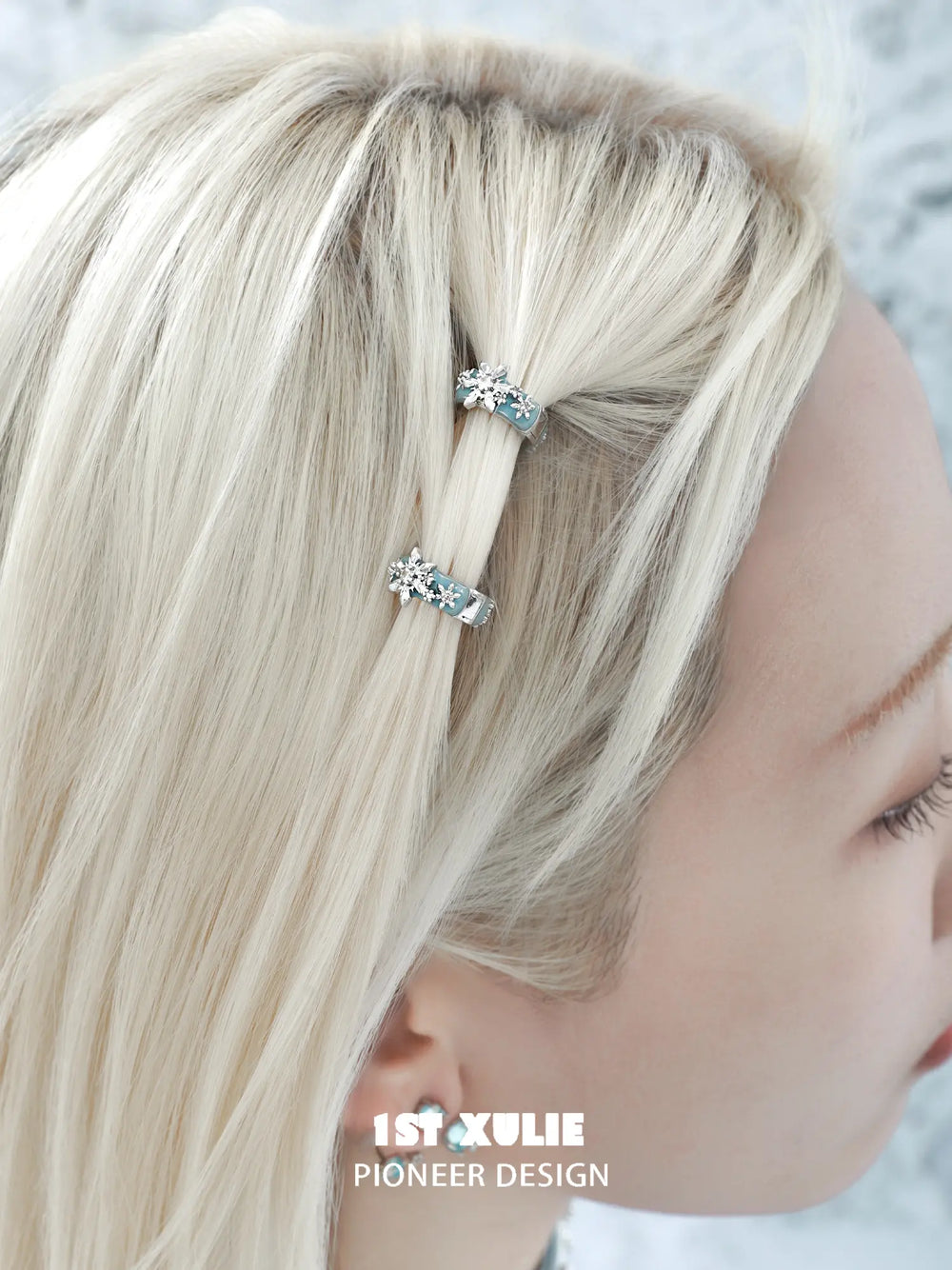 1ST XULIE "Snow Land" Snowflake Hair Cuffs in Platinum Plated - On Model