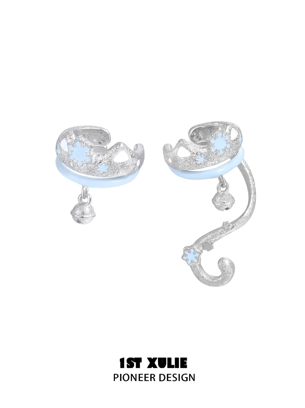 1ST XULIE "Snow Land" Snowflake Kitty Bell Ear Cuffs in Platinum Plated Brass - Angle View