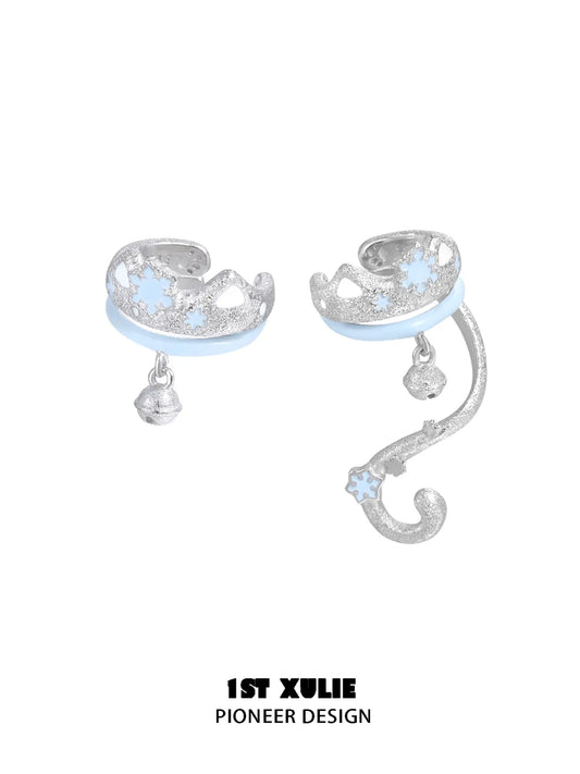 1ST XULIE "Snow Land" Snowflake Kitty Bell Ear Cuffs in Platinum Plated Brass - Angle View