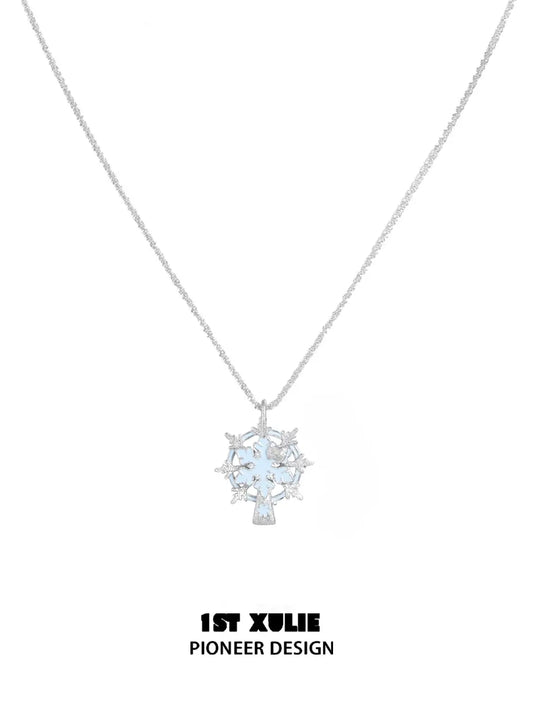 1ST XULIE Jewelry "Snow Land" Snowflake Spinning Pendant Necklace in Platinum Plated Brass - On Model