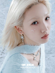 1ST XULIE Jewelry "Snow Land" Snowflake Zirconia Stud Earrings in Platinum Plated - On Model