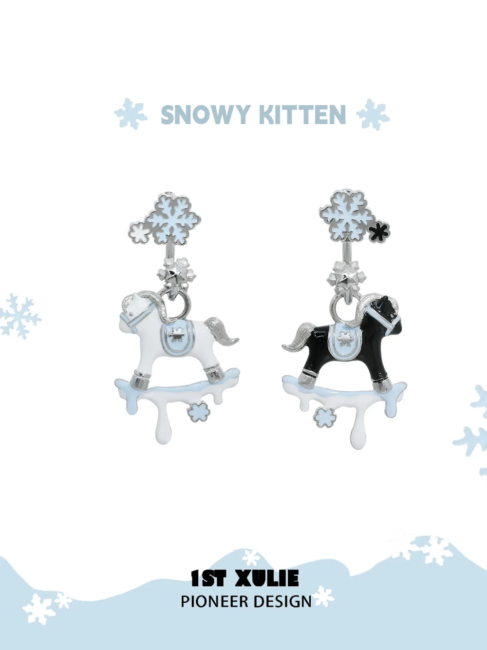 1ST XULIE Jewelry "Snowy Cuties" Snowy Pony Stud Drop Earrings in Platinum Plated Brass - Detail Shot
