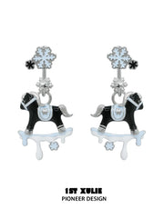 1ST XULIE Jewelry "Snowy Cuties" Snowy Pony Stud Drop Earrings in Platinum Plated Brass - On Model