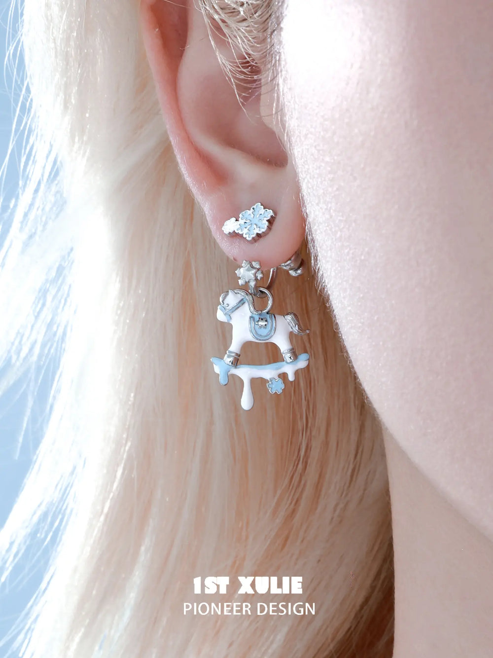 1ST XULIE Jewelry "Snowy Cuties" Snowy Pony Stud Drop Earrings in Platinum Plated Brass - Packaging View