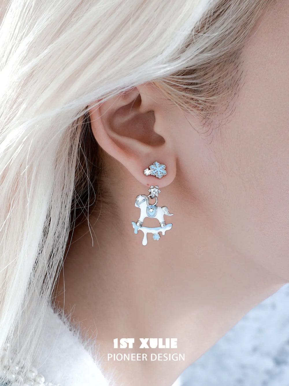 1ST XULIE Jewelry "Snowy Cuties" Snowy Pony Stud Drop Earrings in Platinum Plated Brass - Texture